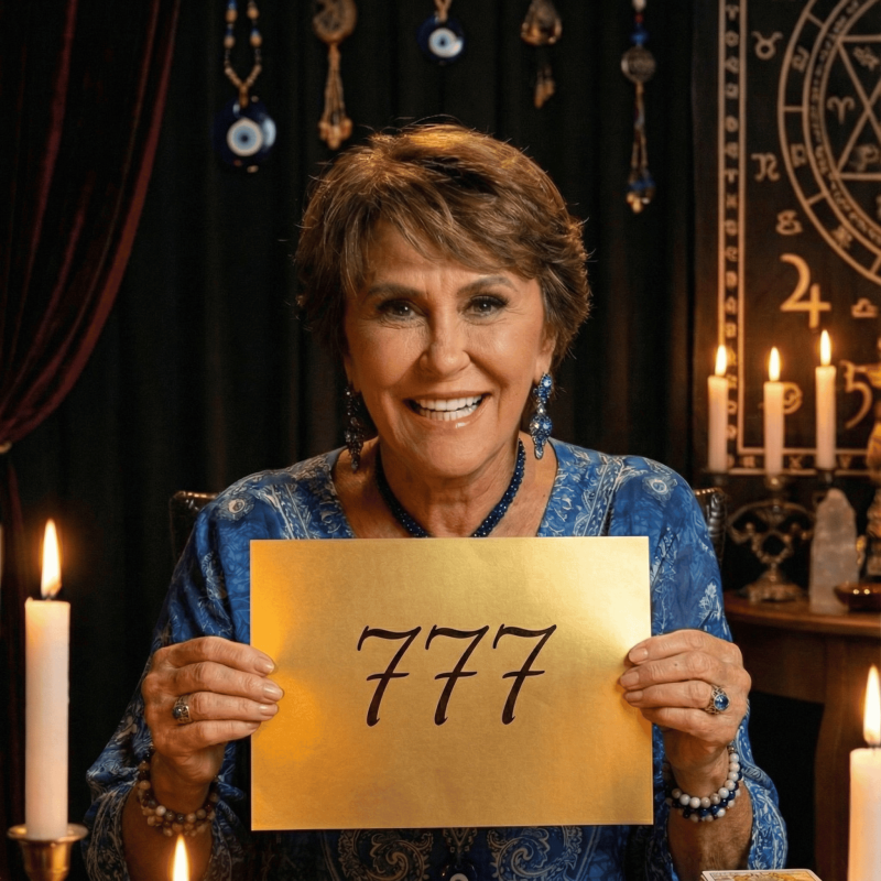 Numeróloga segurando uma placa com o número 777